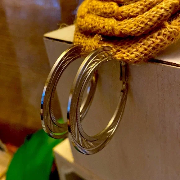 🪙 Silver Textured Hoop Earrings - Picture 6 of 7